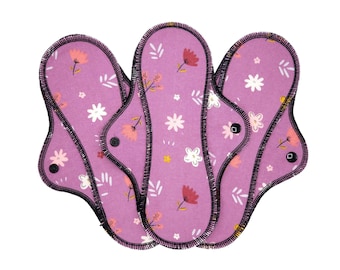 Reusable Cloth Pad - Midi Pad For Regular Flow - Cotton Flannel - 8″ to 14″ - Purple Floral