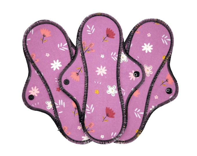 Reusable Cloth Pad - Midi Pad For Regular Flow - Cotton Flannel - 8″ to 14″ - Purple Floral
