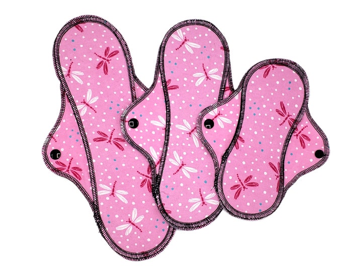 Reusable Cloth Pads Variety Set - Set of 3 Dragonfly Cotton Flannel Menstrual Pads for Reg to Heavy Flow in 8", 10", and 12" - RegularWings