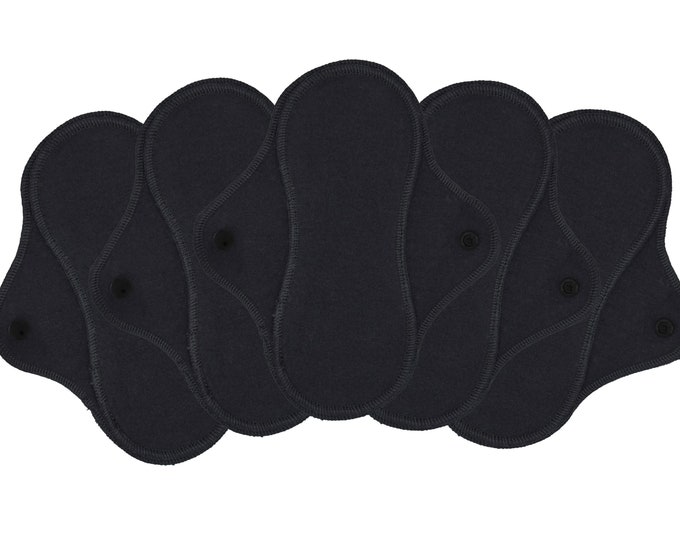 Set of 5 Reusable Cloth Pads,  Soft Cotton Flannel Menstrual Pads For Medium Heavy Flow, Washable Menstration Pads - Black | RegularWings