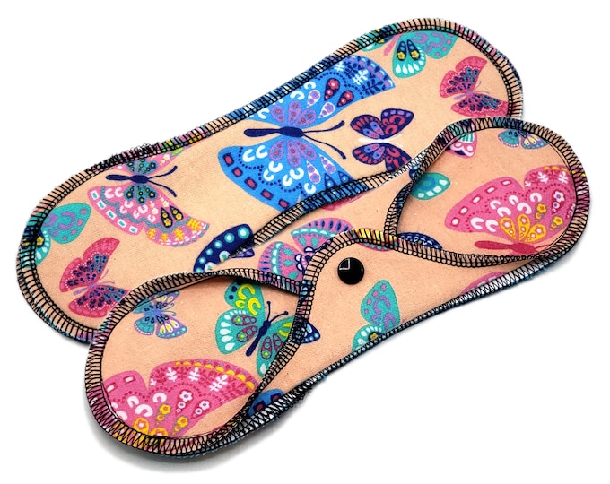 Reusable Menstrual Cloth Pad, Washable Sanitary Napkin, Leakproof Cotton Flannel Pads for Medium to Heavy Flow, Butterflies |RegularWings