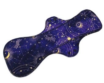 Extra Large Cloth Pad, 18" Heavy Flow Cloth Pad, Leakproof Cotton Flannel Menstrual Pads, Plus Size, Postpartum, Overnight -Cosmic Celestial