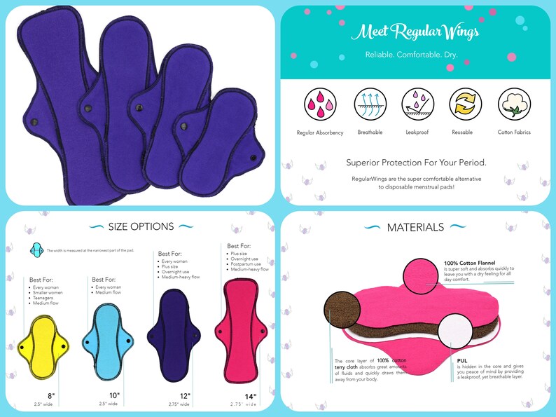 12 and 14| RegularWings Reusable Cloth Pads Variety Set 4 Cotton Flannel Menstrual Pads for Regular to Heavy Flow in 8 10