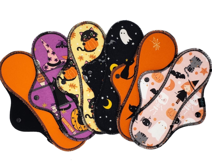 Reusable Cloth Pads - Set of 5 - Midi Pads For Regular Flow - Cotton Flannel - 8″ to 14″ - Halloween Prints