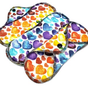 Leakproof Reusable Cloth Panty Liners, Super Soft Cotton Flannel Pads for Light Flow in 6&quot;, 7&quot;, 8&quot;, 9&quot; - Rainbow Hearts | Light Pad