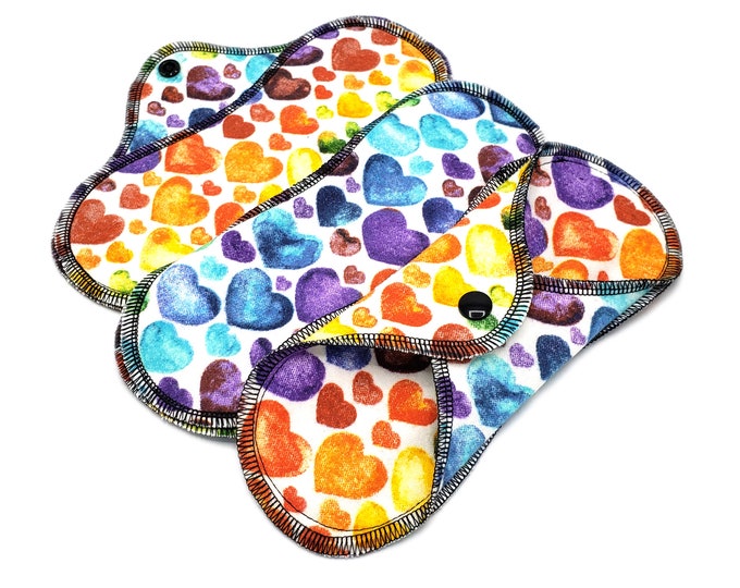 Leakproof Reusable Cloth Panty Liners - Super Soft Cotton Flannel Pads for Light Flow in 6", 7", 8", 9" - Rainbow Hearts | LightWings