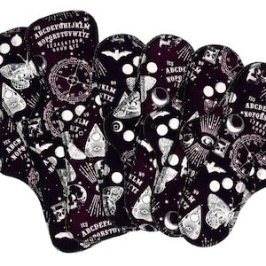 Reusable Cloth Pads - Midi Pads For Regular Flow - Set Of 6 - Cotton Flannel - 12″ And 14″ - Ouija Board