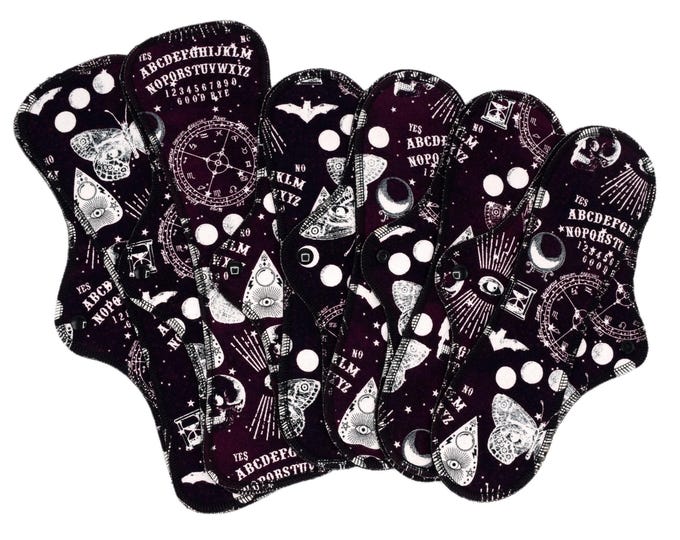 Reusable Cloth Pads - Midi Pads For Regular Flow - Set Of 6 - Cotton Flannel - 12″ And 14″ - Ouija Board