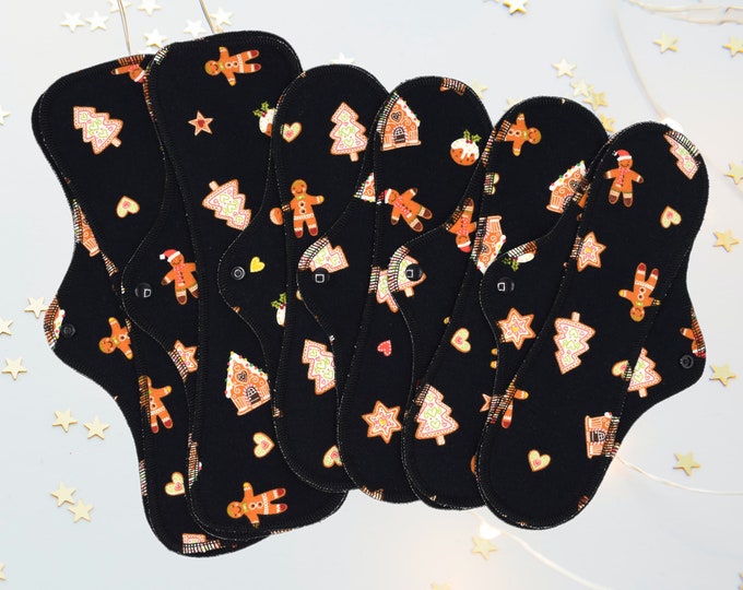 Heavy Flow Cloth Pads Set, Leakproof Reusable Menstrual Cloth Pads, Christmas Gift for Her, Soft Washable Sanitary Napkins, Gingerbread Man
