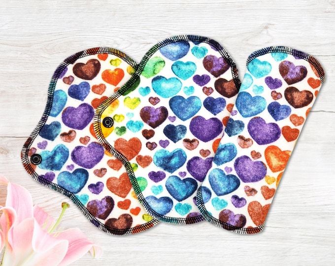Reusable Panty Liner - Daily Liner - Cotton Flannel - 6" To 9" - Rainbow Hearts