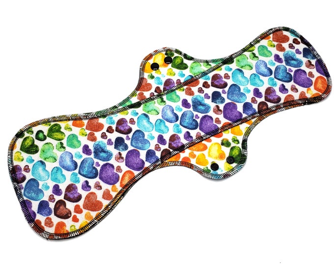 18" Extra Coverage Cloth Pad - Leakproof Cotton Flannel Menstrual Pads for Very Heavy Flow, Postpartum, Overnight - Colorful Rainbow Hearts