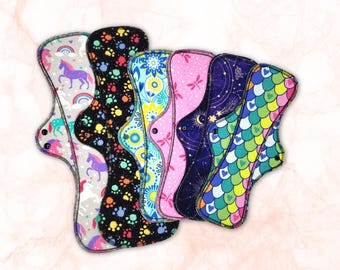 Heavy Flow Cloth Pads Set - 6 Pack - Midi & Maxi Pads - Cotton Flannel -  14" And 18" - Surprise Prints