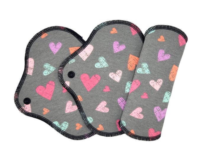 Reusable Panty Liner - Daily Liner - Cotton Flannel - 6" To 9" - Cute Hearts On Grey