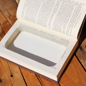 May include: An open book with a rectangular cavity cut into the pages, forming a hidden compartment. The book's pages are aged, and the edges are brown. The book is on a wooden surface.