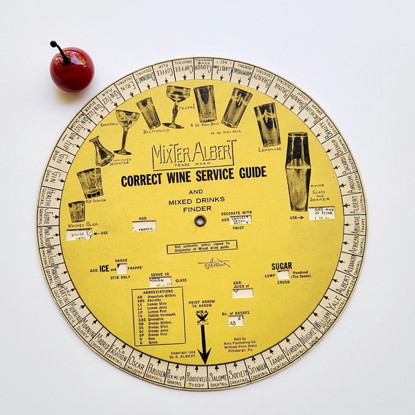 Rare "Mixter Albert" 1930s cocktail wheel. Mixologist. Vintage bar collectible. Dillinger Whiskey. Prohibition. Drink recipes. Spirits.