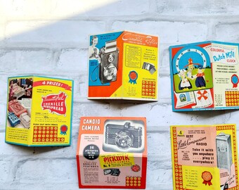 Vintage promotional punch cards. Product promo contests. 1940s. Pickwik Candid Camera. Kent Radio. Chenille bedspread. Dutch Mill Clock.
