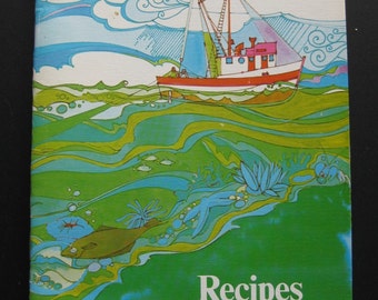Seafood recipes. "Oregon Trawl Seafood Recipes." Cooking. Hostess gift. Salmon. Shrimp. 1980s. Beach house. Coastal living. Roger Cooke