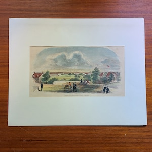 May include: A vintage lithograph print depicting the interior of Fortress Monroe, Virginia. The print shows a panoramic view of the fort with buildings, trees, and a flagpole with the American flag flying. Several figures are depicted in the foreground, including soldiers and civilians.