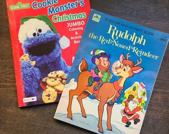 Two vintage holiday coloring / activity books. Rudolph Reindeer (1984) and Cookie Monster's Christmas (2005). Unused, giftable! Stockings