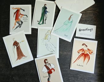 Siete tarjetas de felicitación pintadas a mano por Helen Braiden, con motivos de teatro y coro de Shakespeare. Años 70/80.