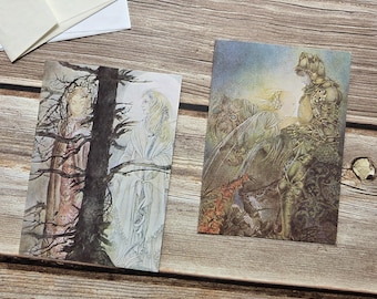 1970s Sulamith Wulfing Verlag greeting cards. "Conversation" and "Reflection." Portal Publications. Fantasy, angels, myth.