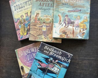 The Borrowers. Bedknob and Broomstick. Five Mary Norton vintage hardcover books. (One ex-library.)  Kids' classics