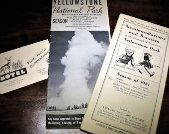 Yellowstone brochures, ephemera. Map, rates & Deer Lodge card. 1950s National Parks. Family vacations. Scrapbooks. Rustic decor. Road trip.