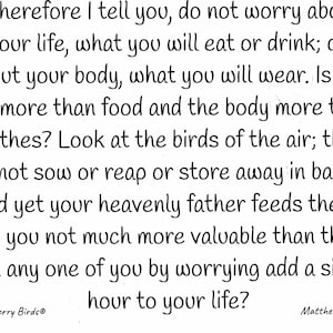 May include: A black and white image featuring a quote from the Bible, Matthew 6:25-34. The quote reads, "Therefore I tell you, do not worry about your life, what you will eat or drink; or about your body, what you will wear. Is not life more than food and the body more than clothes? Look at the birds of the air; they do not sow or reap or store away in barns, and yet your heavenly father feeds them. Are you not much more valuable than they? Can any one of you by worrying add a single hour to your life?" The image also includes a small bird logo with the text "Worry Birds&reg;".