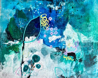 May include: Abstract painting with a blue, green, and white background. The painting features various shapes and lines in yellow, pink, and teal. The artist's signature is visible in the bottom right corner.