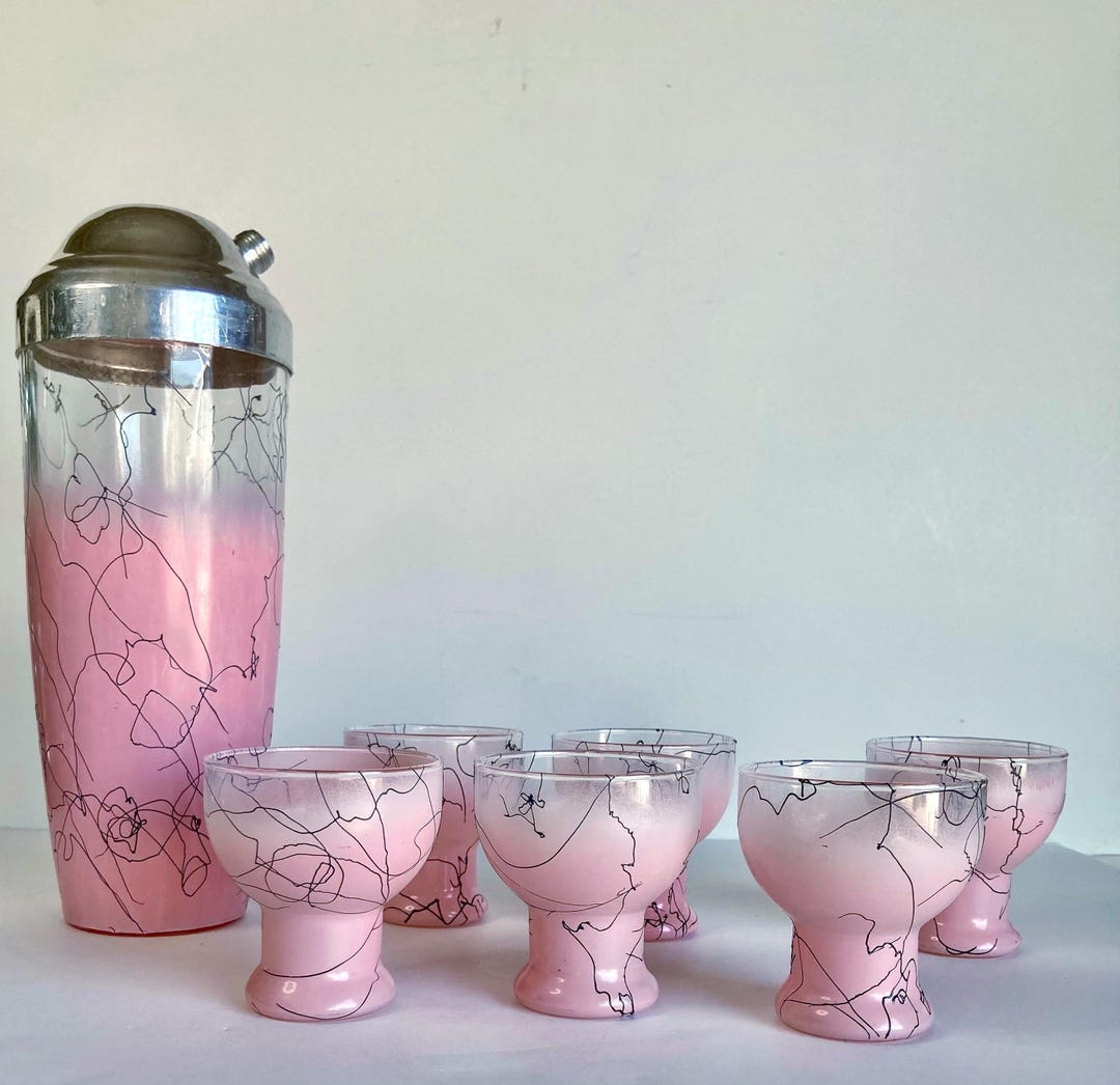 Vintage Hazel Atlas Pink With Black Drizzle Glass Cocktail Shaker and ...