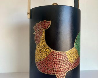 Secchiello per il ghiaccio alto da 30 cm (12 pollici) con coperchio, isolante in vinile, stile vintage Couroc of Monterey Rooster Chicken / Accessorio da bar di metà secolo