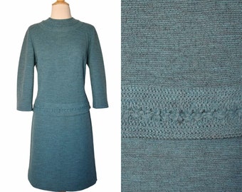Vintage 50s Suit  60s RK Dusty Teal Wool Knit Wiggle Skirt Button Back Sweater Top Set