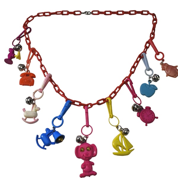 Vintage 80s Novelty Pop Art Culture Whimsical Kitschy 9pc Plastic Bell Charms Necklace LOT