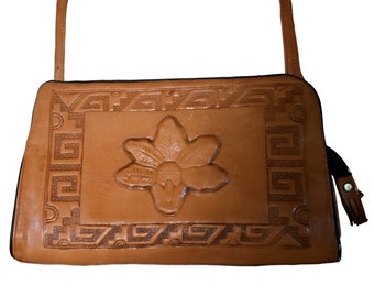 Vintage 70s Purse Bohemian Hippie Tooled Leather PYMSA Mexican Floral Mayan Calendar Adjustable Shoulder Bag - NEEDS TLC