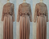 Vintage 70s Dress Miss Elliette Dusty Mauve Rose Lace Overlay Slinky Full Skirt Hostess Maxi Party Gown