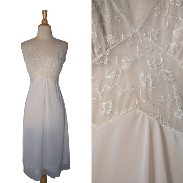 Vintage 50s Slip Van Raalte Cream White Embroidered Chiffon Bust Trim Adjustable Dress Slipdress 34