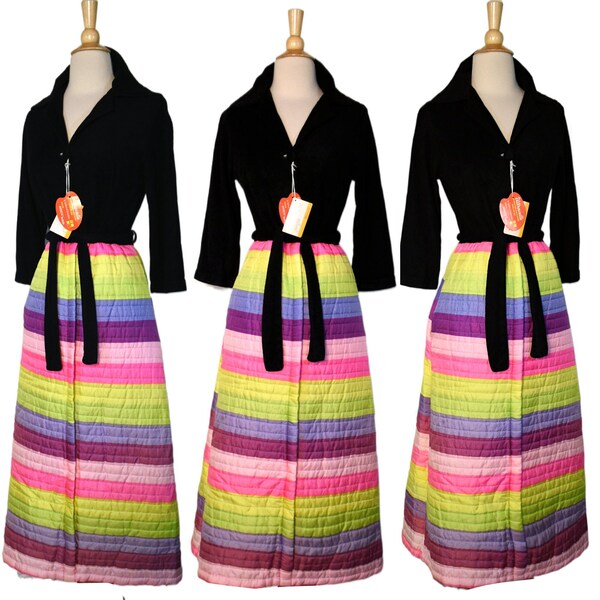 Vintage 60s Robe Deadstock Cardinal Rainbow Stripe Quilted Hostess Dressing Gown Caftan Loungewear