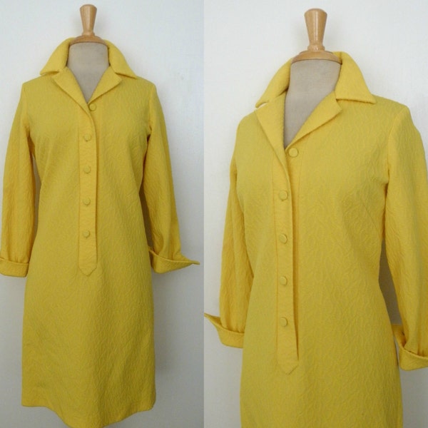 FINAL SALE Days Vintage 60s MOD Shannon Square Lemon Yellow Textured Poly Atomic Space Age Shift Dress