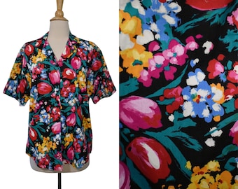 Blusa vintage de los 80 de Kelley Co., estilo posmoderno, vibrante, con estampado floral de tulipanes y jardín. Camiseta de algodón.