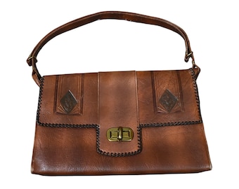 Vintage 40s Purse Meeker Art Deco Tooled Leather Carved Whipstitched Heavy Handbag Original Card Mirror Inside