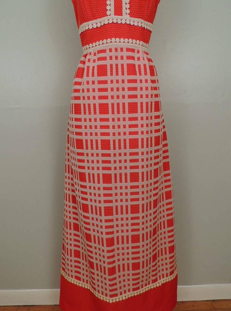 Vintage 60s Dress Gay Gibson Red White Polka Dot Plaid Daisy Lace Stepford Wives Hostess Maxi Gown