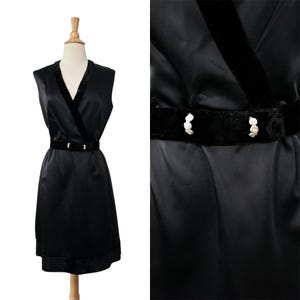 Vintage 50s Dress 60s Black Sateen Deep Vee Neck Velvet Trim Rhinestone Details Evening Cocktail Party Frock