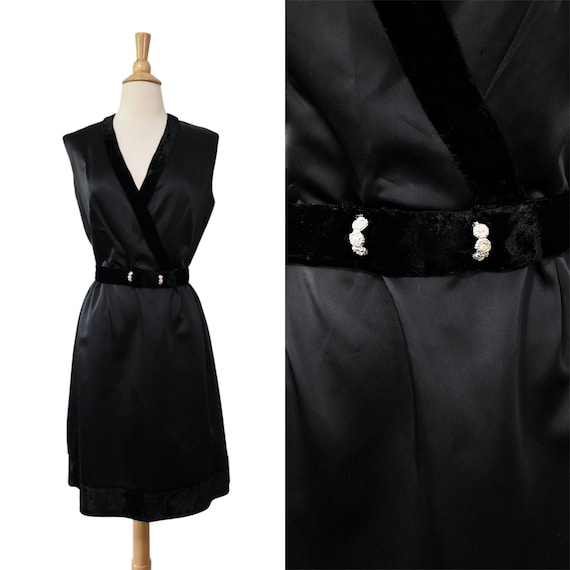 Vintage 50s Dress 60s Black Sateen Deep Vee Neck Velvet Trim Rhinestone Details Evening Cocktail Party Frock
