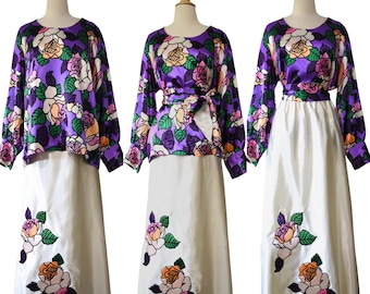 Vintage Skirt Set 60s Sillas Italy to Miami Glorious Satin Purple Floral Applique Flowers Maxi Skirt Wide Sash Tunic Top 3pc