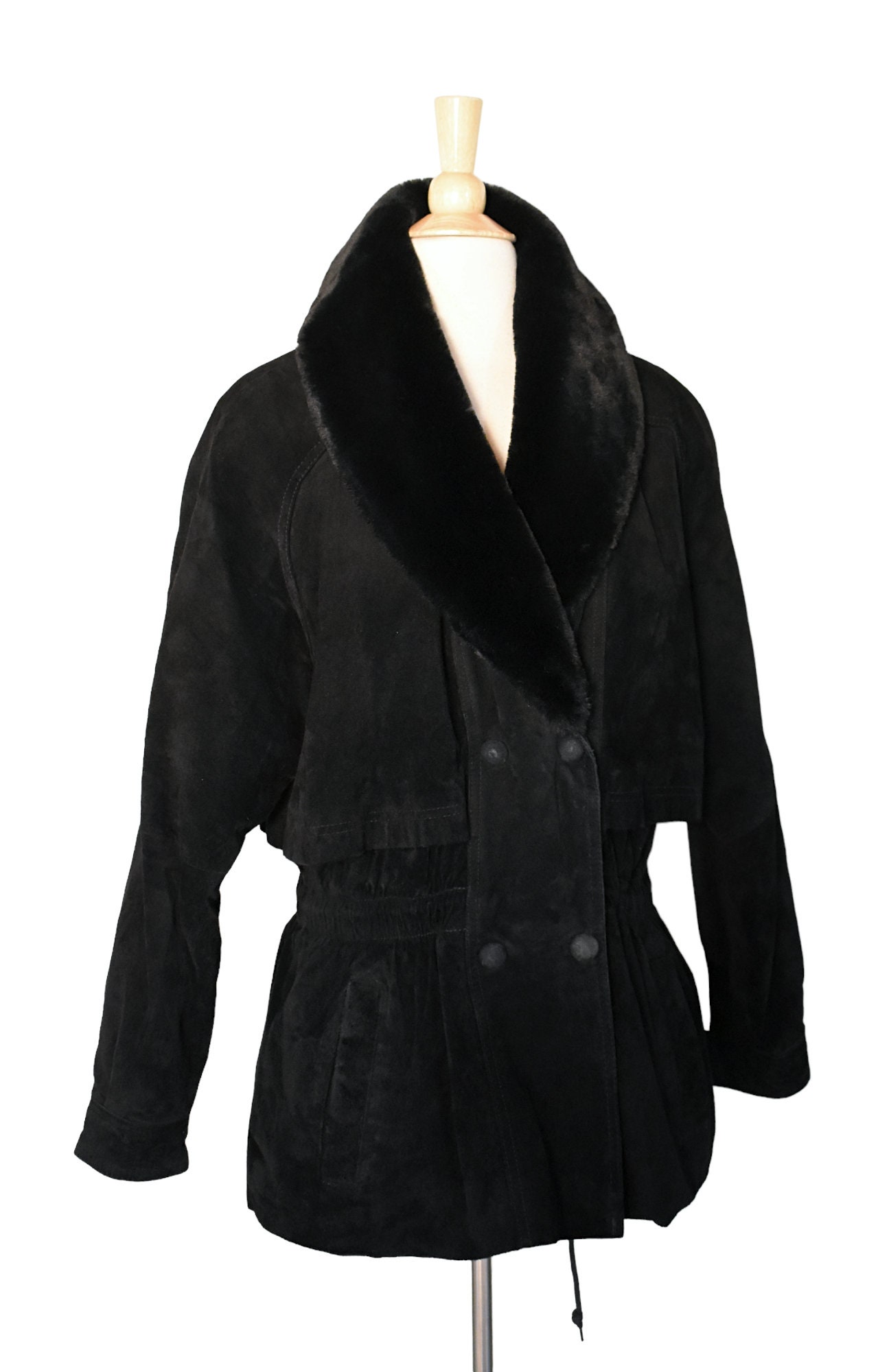 Vintage 80s Jacket Gitano Black Suede Leather Faux Mouton Fur Huge