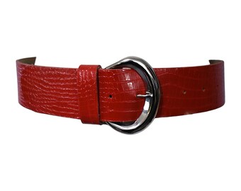 80s Red Leather Wide Waist Belt | Embellished Bold Statement  display picture 3