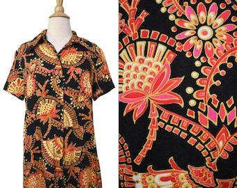 Vintage 60s Blouse Stockton Barkcloth Hot Pink Red Chartreuse Floral Harlequin Op Art MOD Poly Flower Power Tunic Top