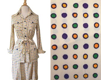 Vintage 70s Suit Cream Belted Candy Polka Dot Button Blouse Top Swing Mini Skirt 2pc Set