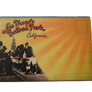 Vintage jaren 30 ansichtkaart San Diego Souvenir toeristische accordeon uitgevouwen foto schilderachtige locaties collectie ongebruikte dode inventaris ansichtkaarten kortstondig papier