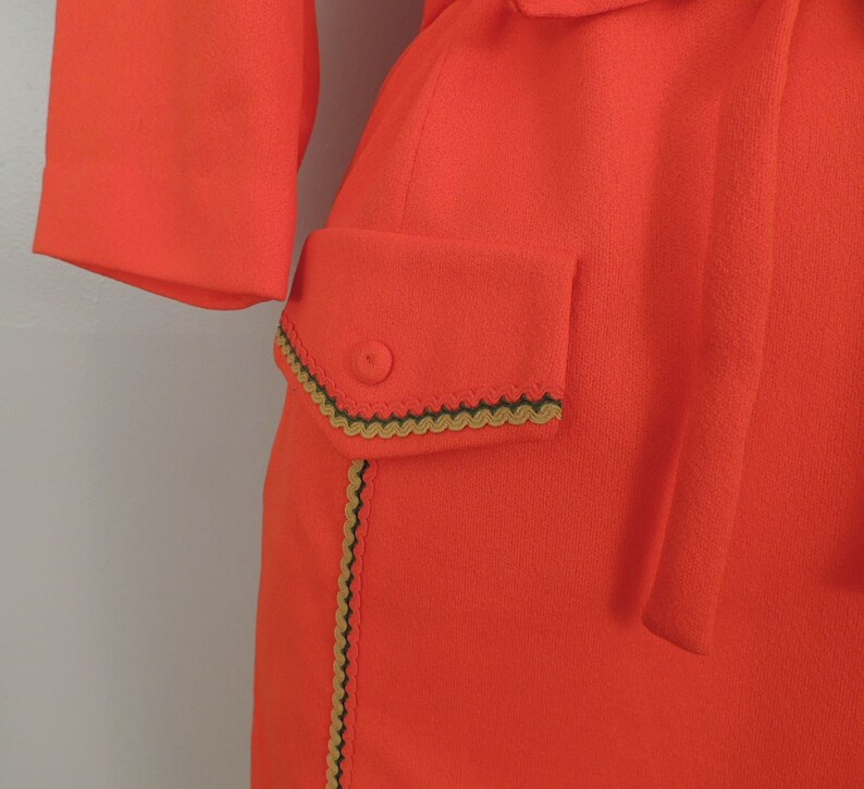 Vintage 60s Dress Nelly Don MOD Coral Orange Double Knit Mustard Olive Ribbon Trim Belted Shift XL